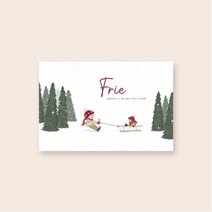 Geboortekaartje winterthema slee met kindjes • A6 postkaart • FRIE