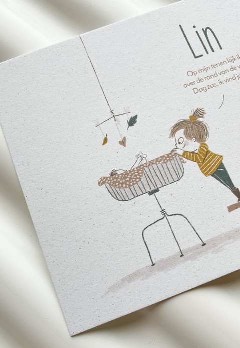 Geboortekaartje met wiegje, mobiel en broer of zus • JEF